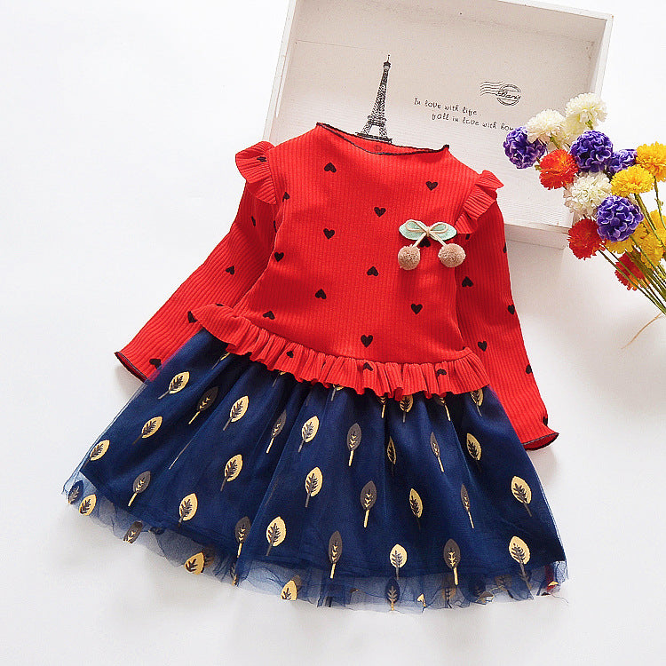 Little Girls Red & Blue Floral Mesh Long Sleeve Dress