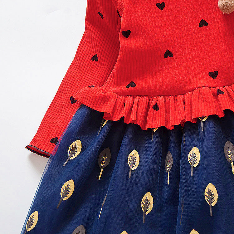 Little Girls Red & Blue Floral Mesh Long Sleeve Dress