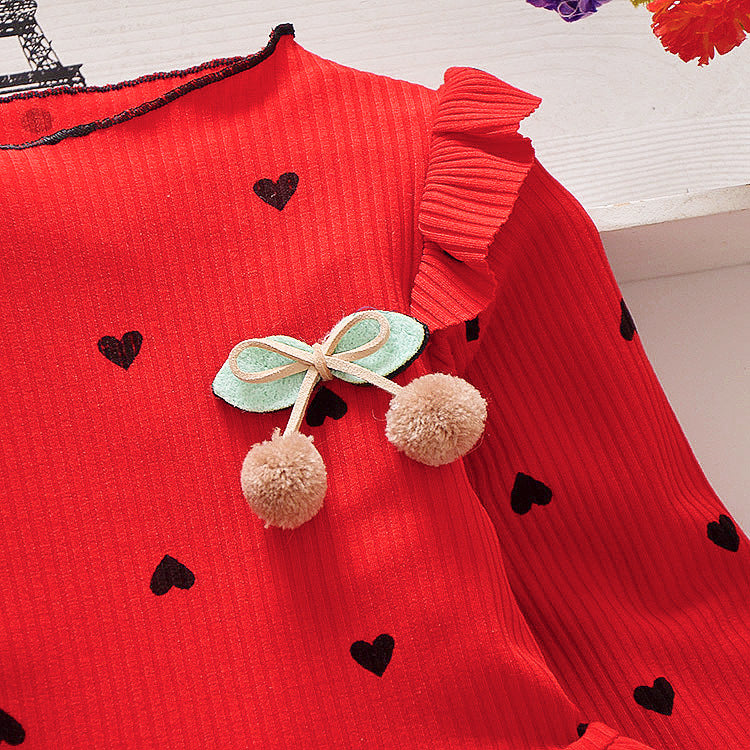 Little Girls Red & Blue Floral Mesh Long Sleeve Dress