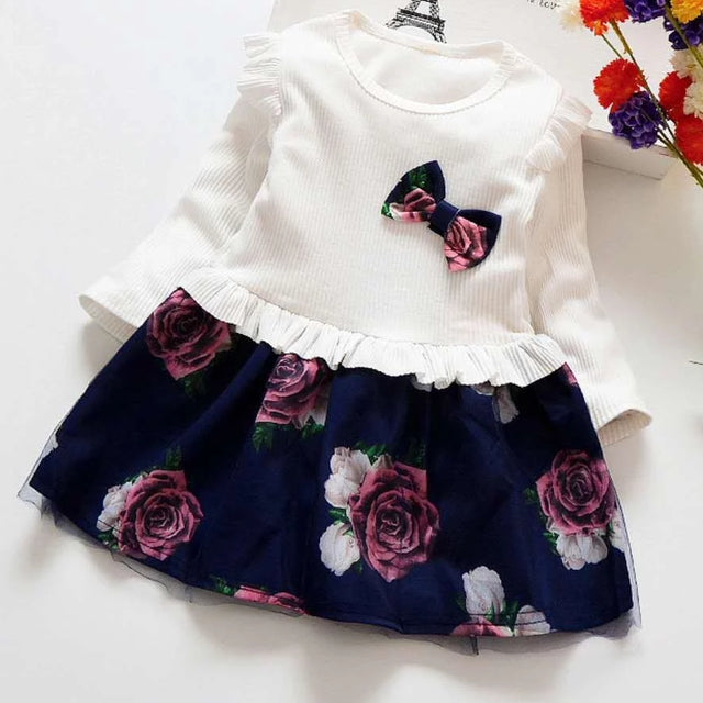 White Floral Spring and Autumn Girls Dress