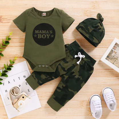 “Mama’s Boy” Green Camouflage Baby Suit with Headband